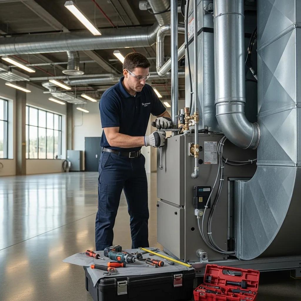 Morris Mechanical technician installing a commercial furnace in an industrial facility