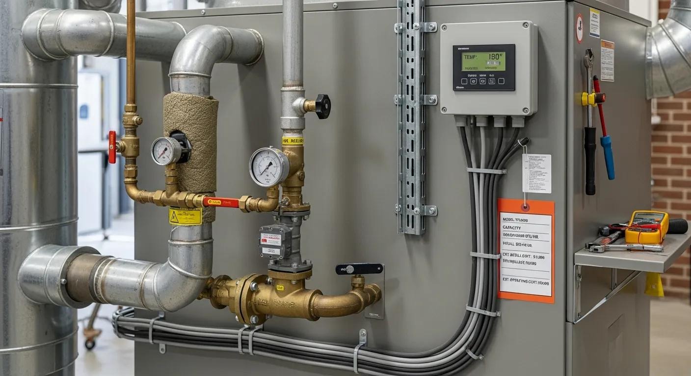 Close-up of a commercial furnace showing installation details and cost considerations