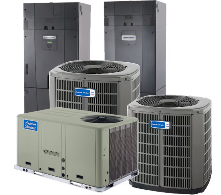 American Standard HVAC units in different sizes and colors