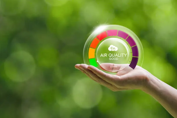 Hand holding circular air quality meter showing good environmental status