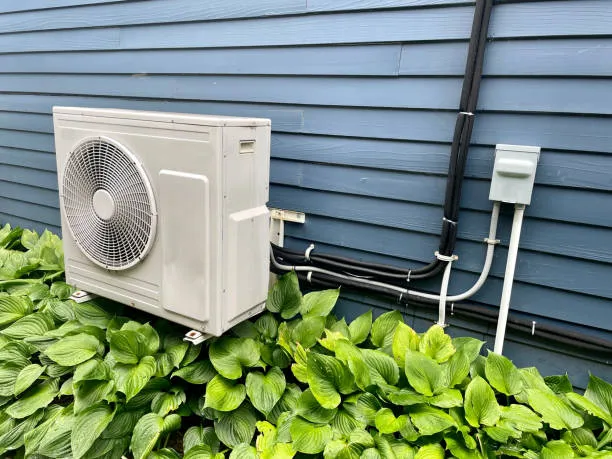 White air conditioner unit mounted on blue siding near green leafy plants
