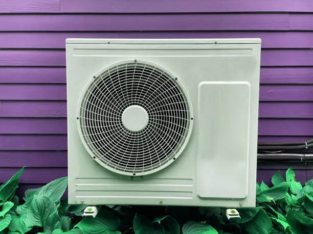 White air conditioner unit mounted on purple wall surrounded by green plants