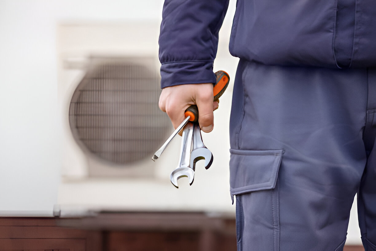 Technician in blue uniform holding wrenches near air conditioning unit