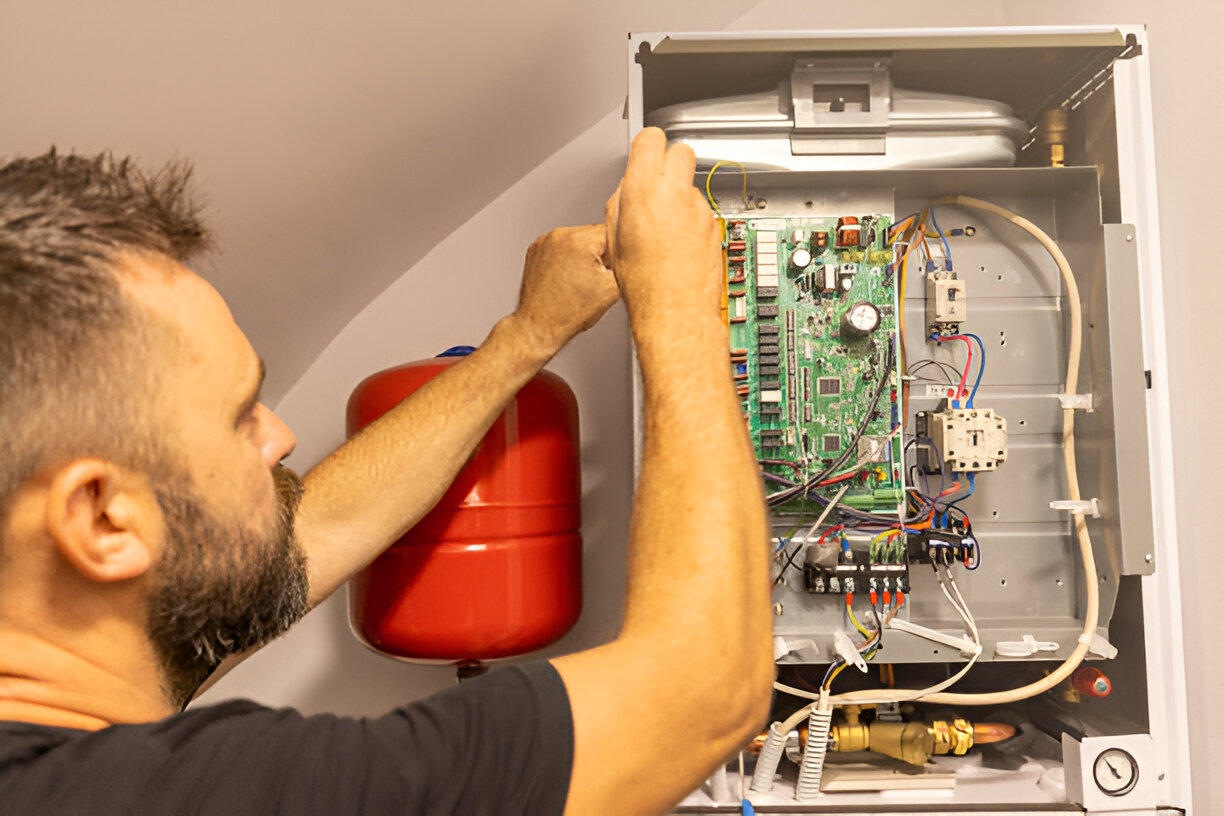 Technician repairing electrical panel with red expansion tank nearby