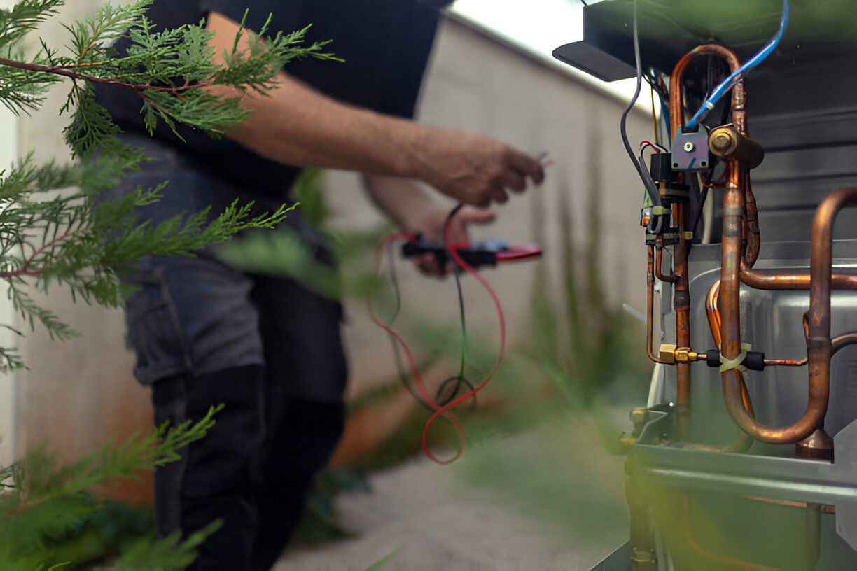 Technician working on electrical wiring near copper pipes and green plant