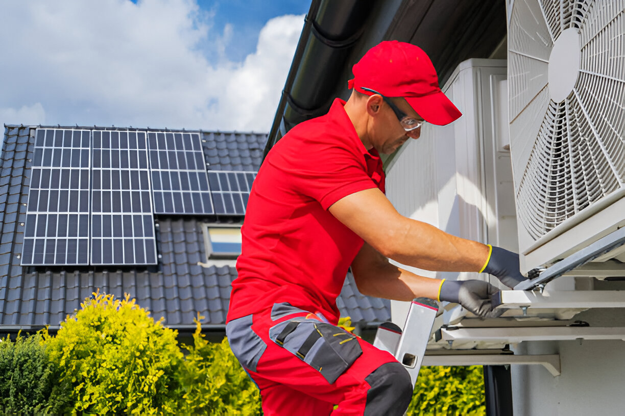 Technician in red uniform repairing air conditioning unit near solar panels