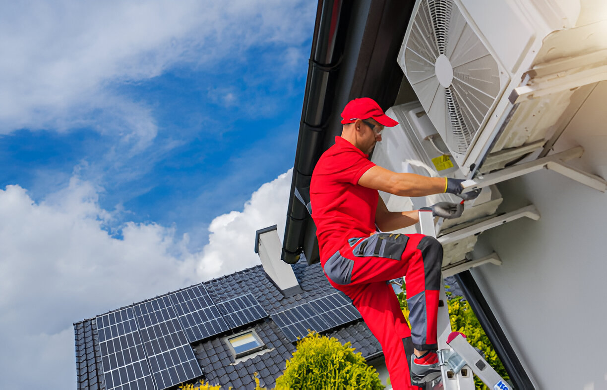 Technician in red uniform fixing air conditioning unit on roof