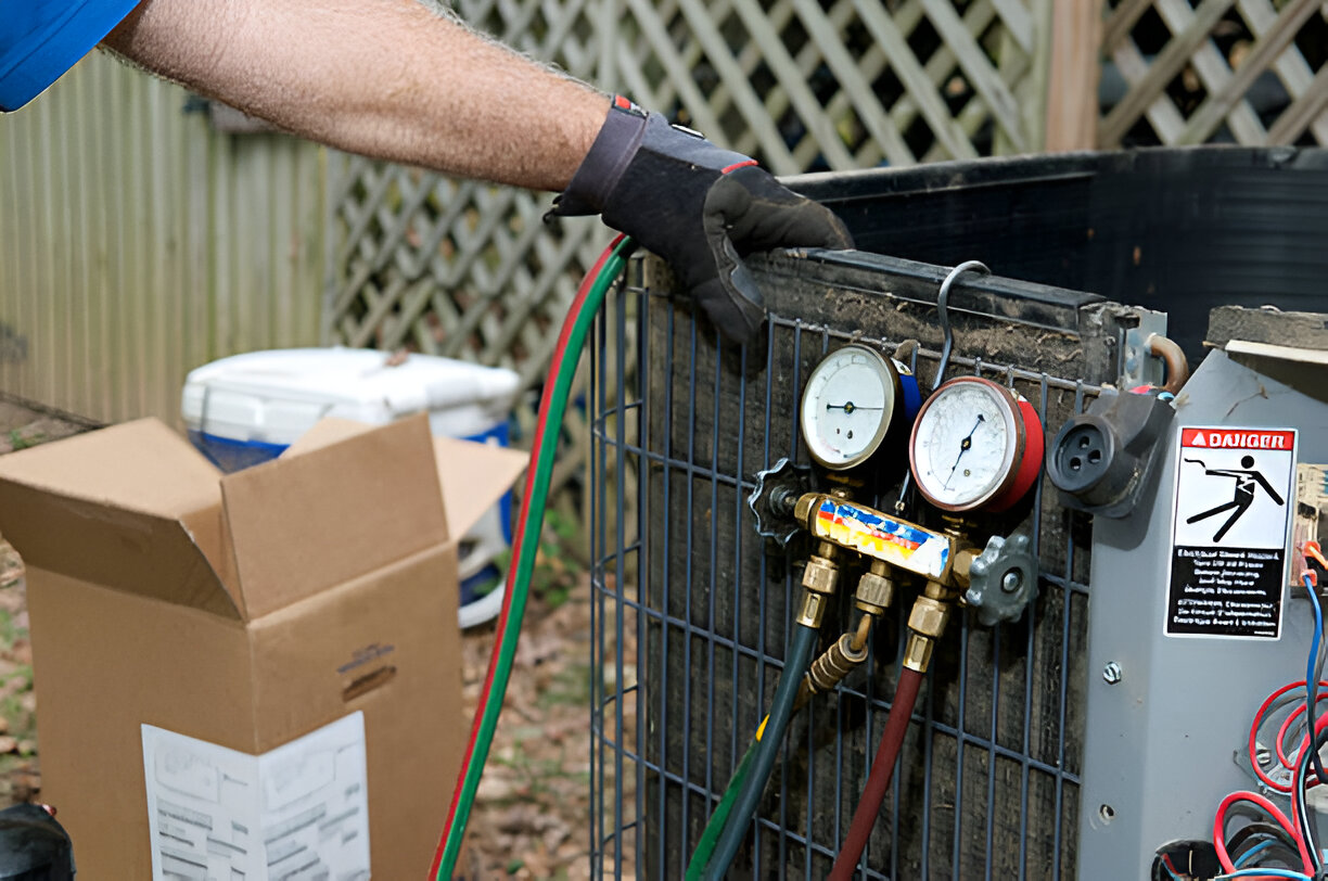Technician checking pressure gauges on HVAC equipment with colored hoses