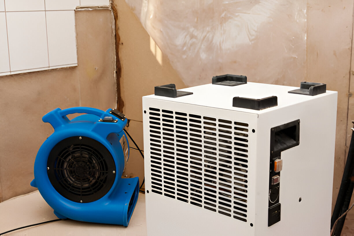 Blue air mover and white dehumidifier in water damage restoration setup