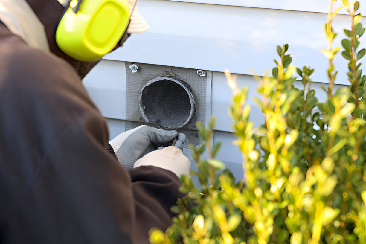 Worker drilling hole in wall near yellow plants with protective gear