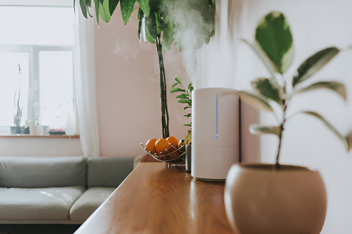 Modern living room with humidifier, plants, oranges, and minimalist decor