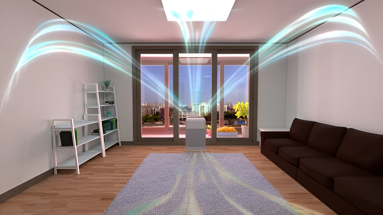 Modern living room with futuristic light beams and city view