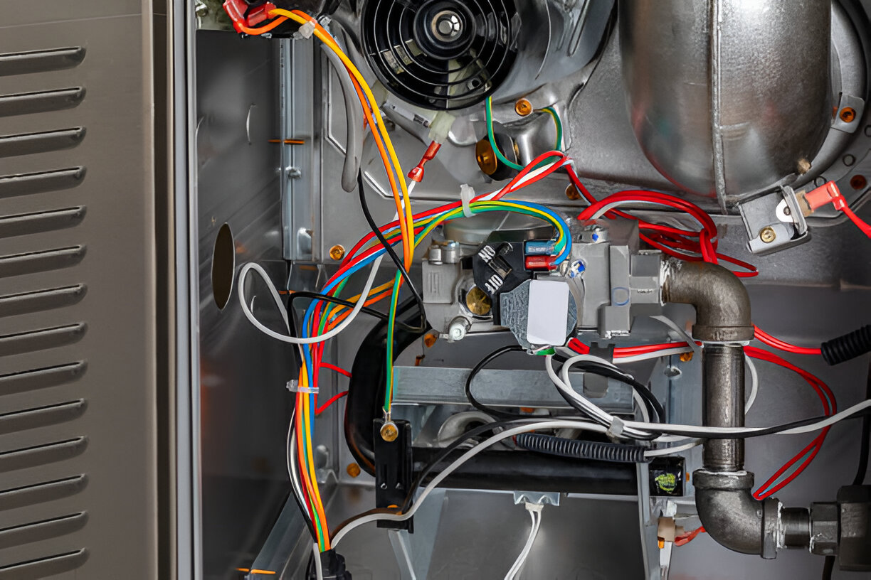 Complex electrical wiring and components inside an industrial machinery panel