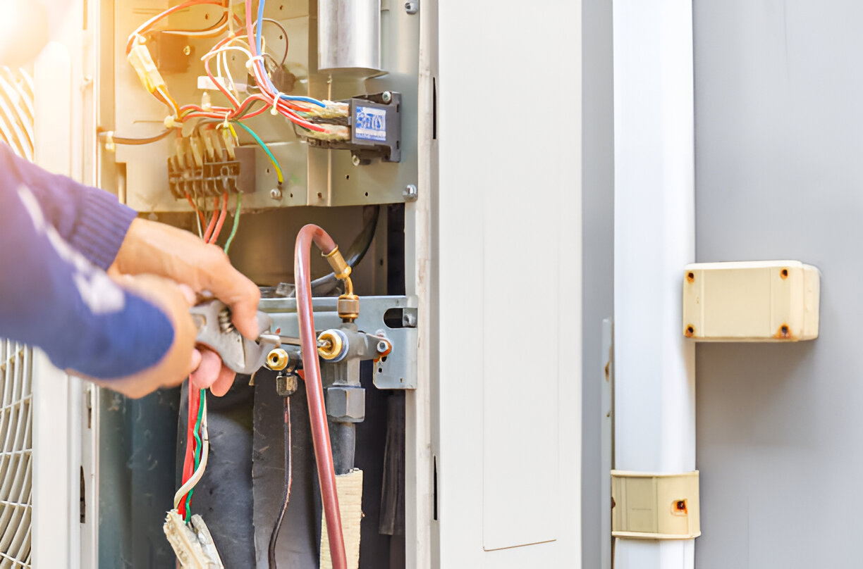 Technician working on electrical panel with colorful wires and connections