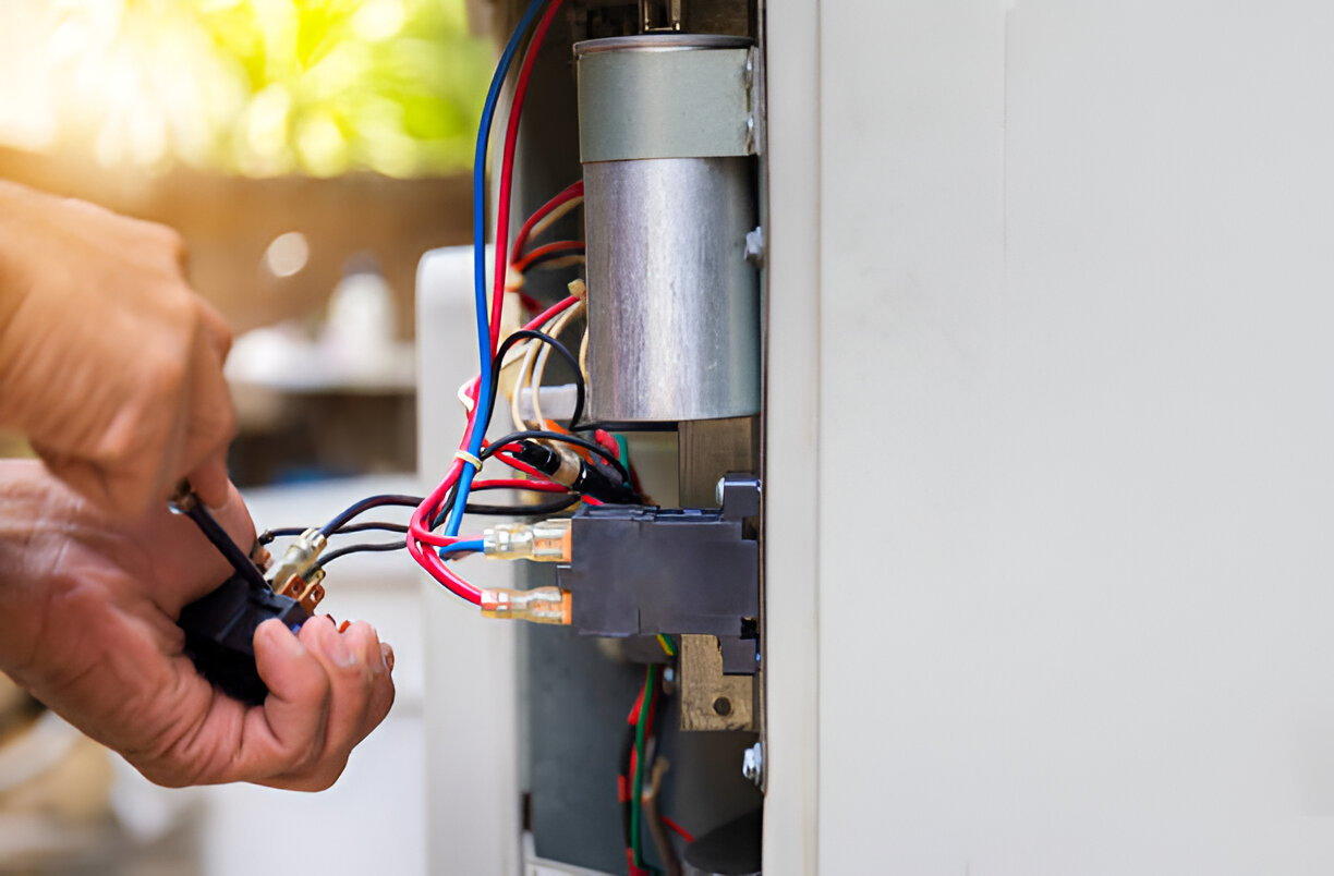 Electrician's hand working on electrical wiring and components