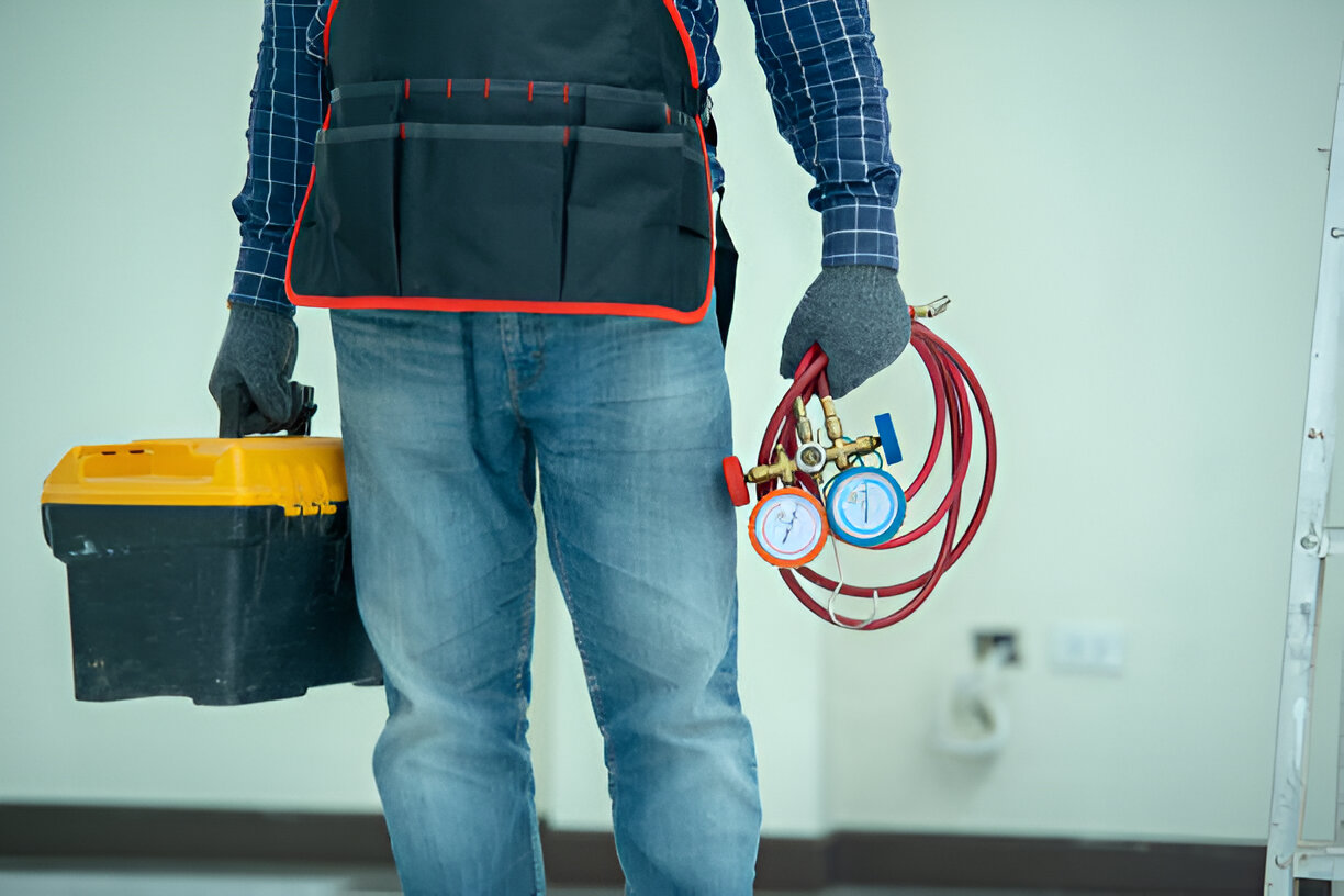 Technician with tool bag, carrying refrigeration manifold gauges and toolbox