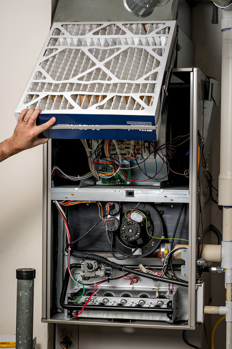 Open HVAC system showing air filter, internal wiring, and mechanical components