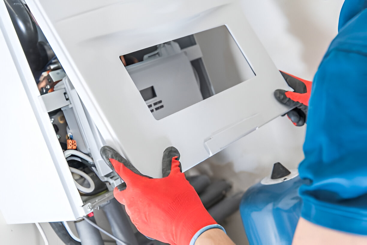 Technician installing or repairing electrical panel with protective gloves