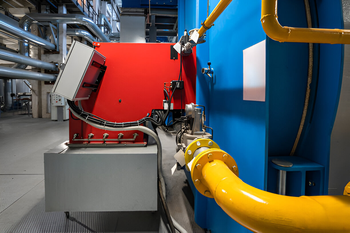 Industrial machinery with red boilers, yellow pipes, and complex pipelines