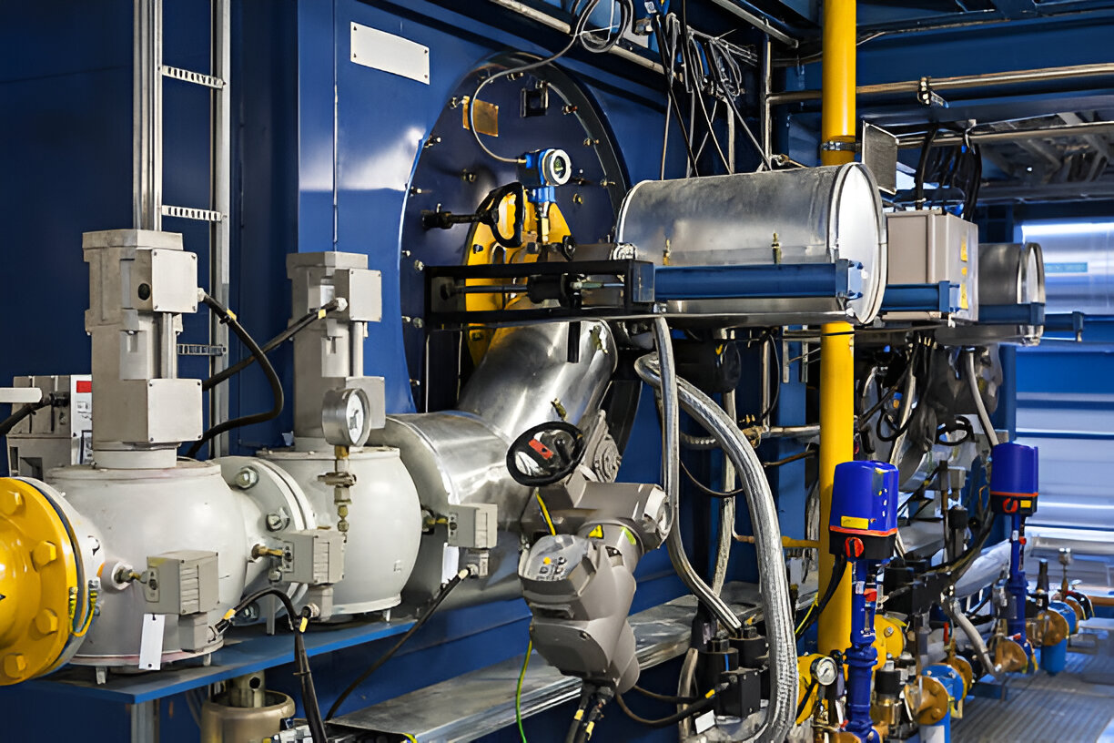 Industrial machinery with pipes, valves, and complex mechanical equipment in blue room