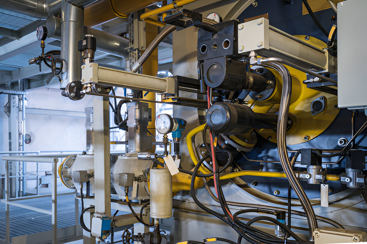 Complex industrial machinery with yellow and metallic components and gauges