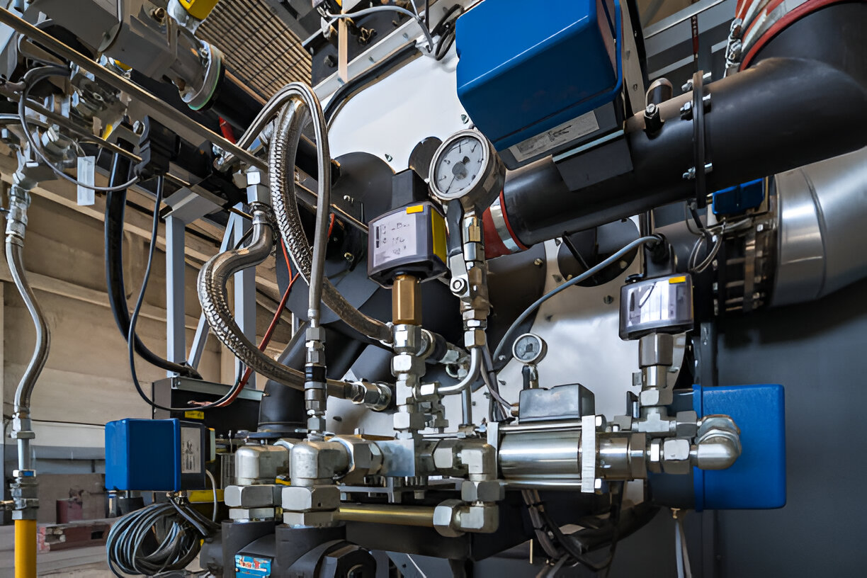 Complex industrial machinery with pipes, gauges, valves, and blue components