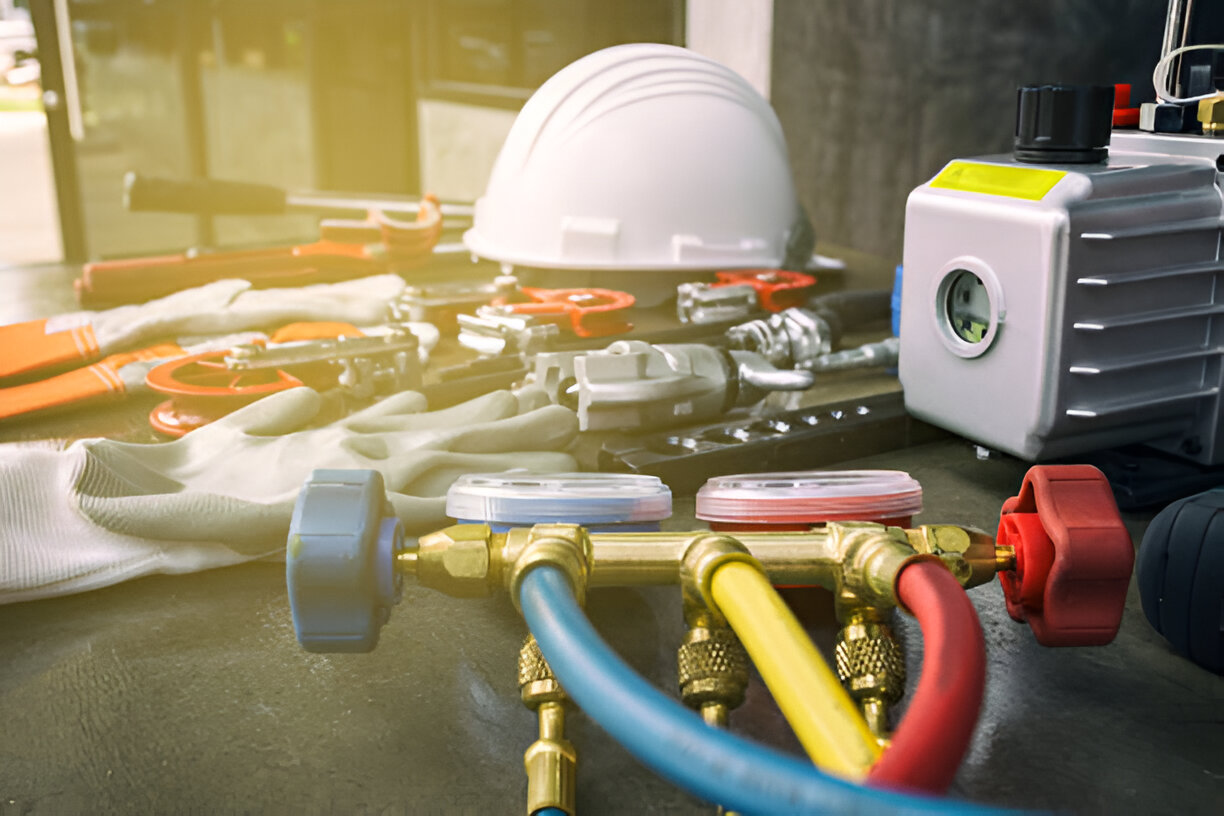 HVAC tools and equipment with hard hat, valves, and colored refrigerant lines