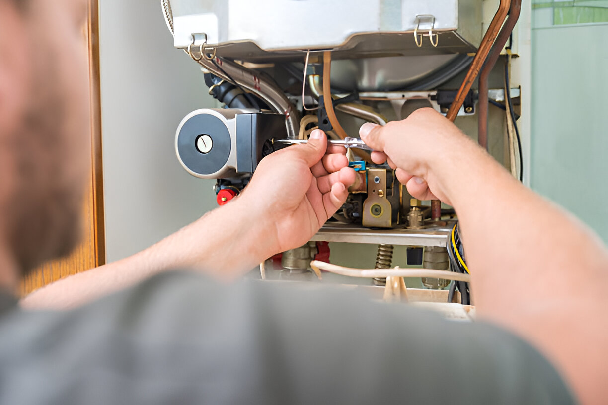 Technician repairing internal components of a household appliance or heating system