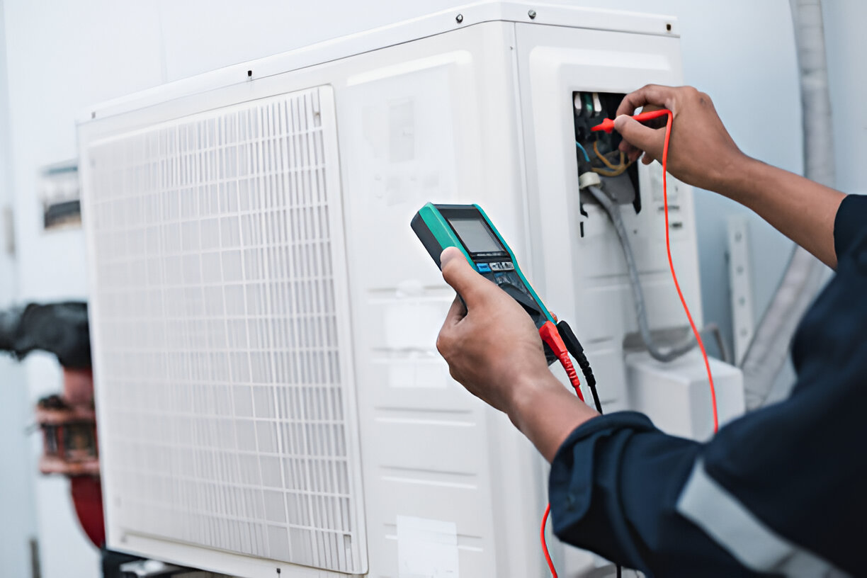 Technician using multimeter to check electrical connections on white equipment