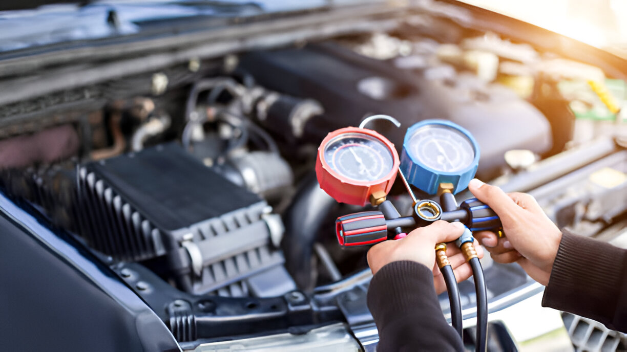 Mechanic checking car engine pressure with red and blue gauges