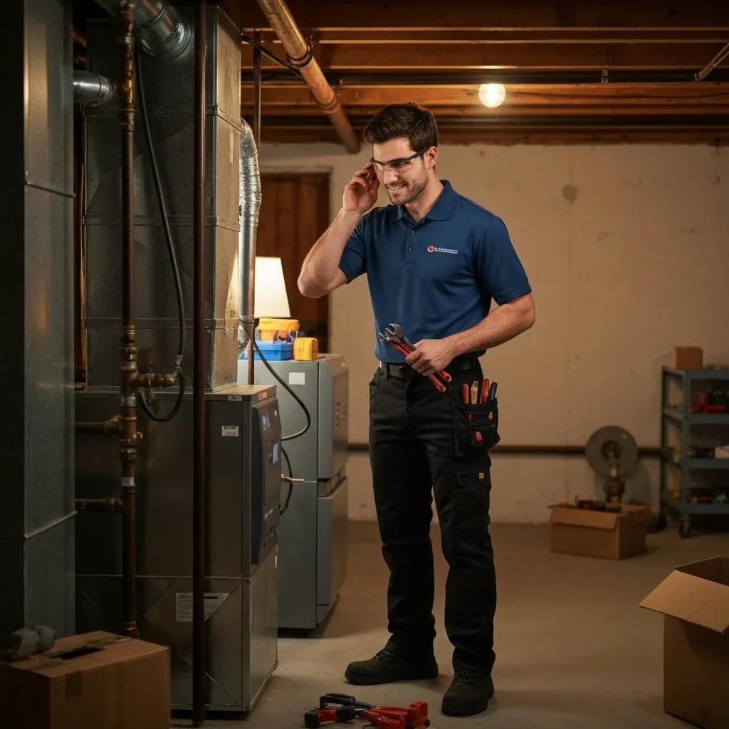 Technician inspecting a heating system for unusual noises, highlighting diagnostic procedures
