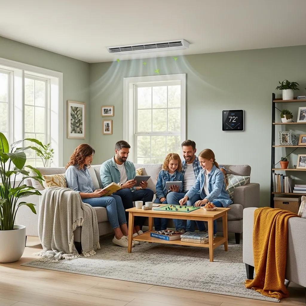 A modern HVAC unit in a comfortable home, showing efficient and reliable heating and cooling
