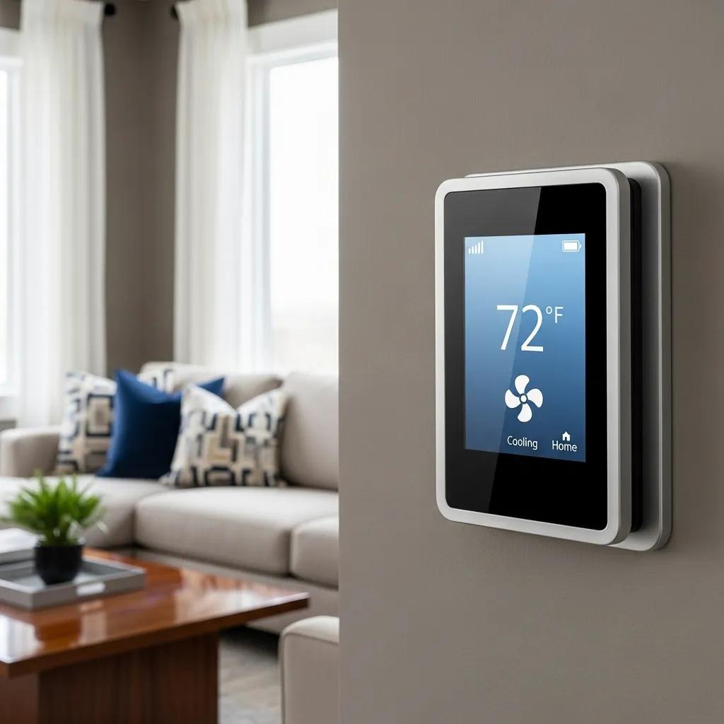 A smart thermostat mounted on a wall, showing energy-saving controls and schedule features