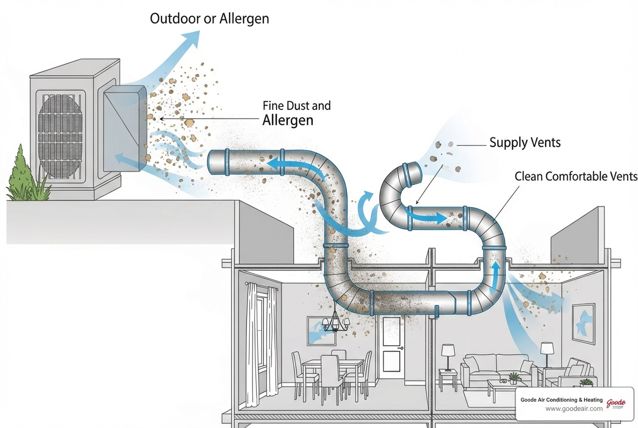 Infographic showing the path of outdoor allergens and dust entering through HVAC intake, accumulating in ductwork, and circulating back into living spaces through supply vents - affordable duct cleaning in humble, tx Infographic showing the path of outdoor allergens and dust entering through HVAC intake, accumulating in ductwork, and circulating back into living spaces through supply vents - affordable duct cleaning in humble, tx