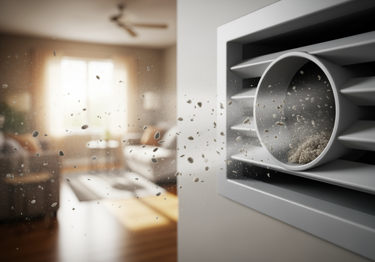 Infographic detailing how dust, pollen, pet dander, and other allergens accumulate in HVAC air ducts and circulate throughout a home, affecting indoor air quality and system efficiency. - duct cleaning in atascocita tx