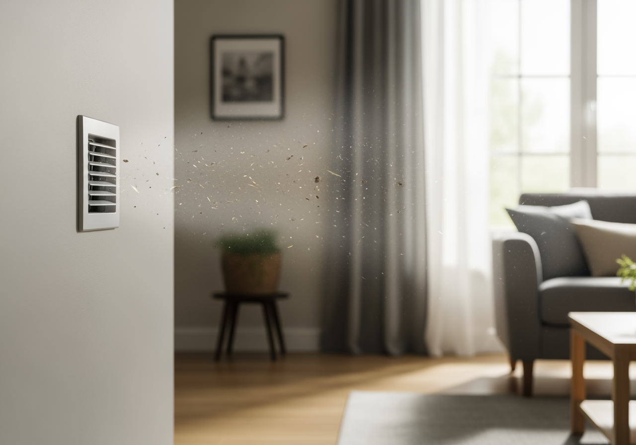 infographic showing how dust, pollen, pet dander, and debris accumulate in air ducts and circulate through the HVAC system back into living spaces, with arrows indicating airflow through supply ducts, return vents, and back into rooms - air duct cleaning in atascocita, tx