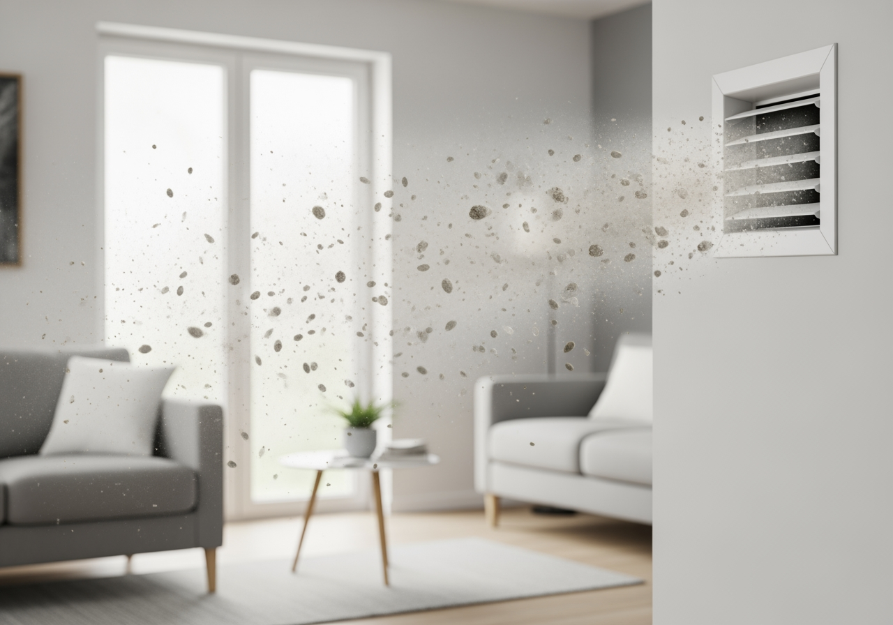 infographic showing how dust and allergens circulate through a home's air ducts - local air duct cleaning company in atascocita, tx