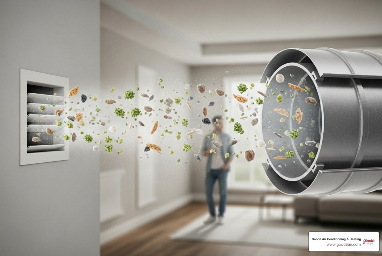 infographic showing how dust, pet dander, pollen, and allergens circulate through home air ducts and HVAC system in a cycle - best duct cleaning in atascocita, tx