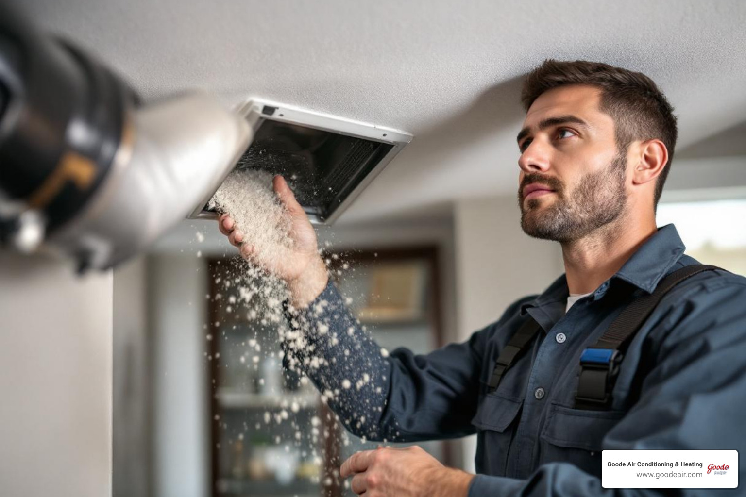 infographic showing dust, pet dander, pollen, and mold spores being pulled into HVAC return vents and circulated throughout a home's duct system, then being removed by professional cleaning equipment - duct cleaning for home hvac in atascocita, tx