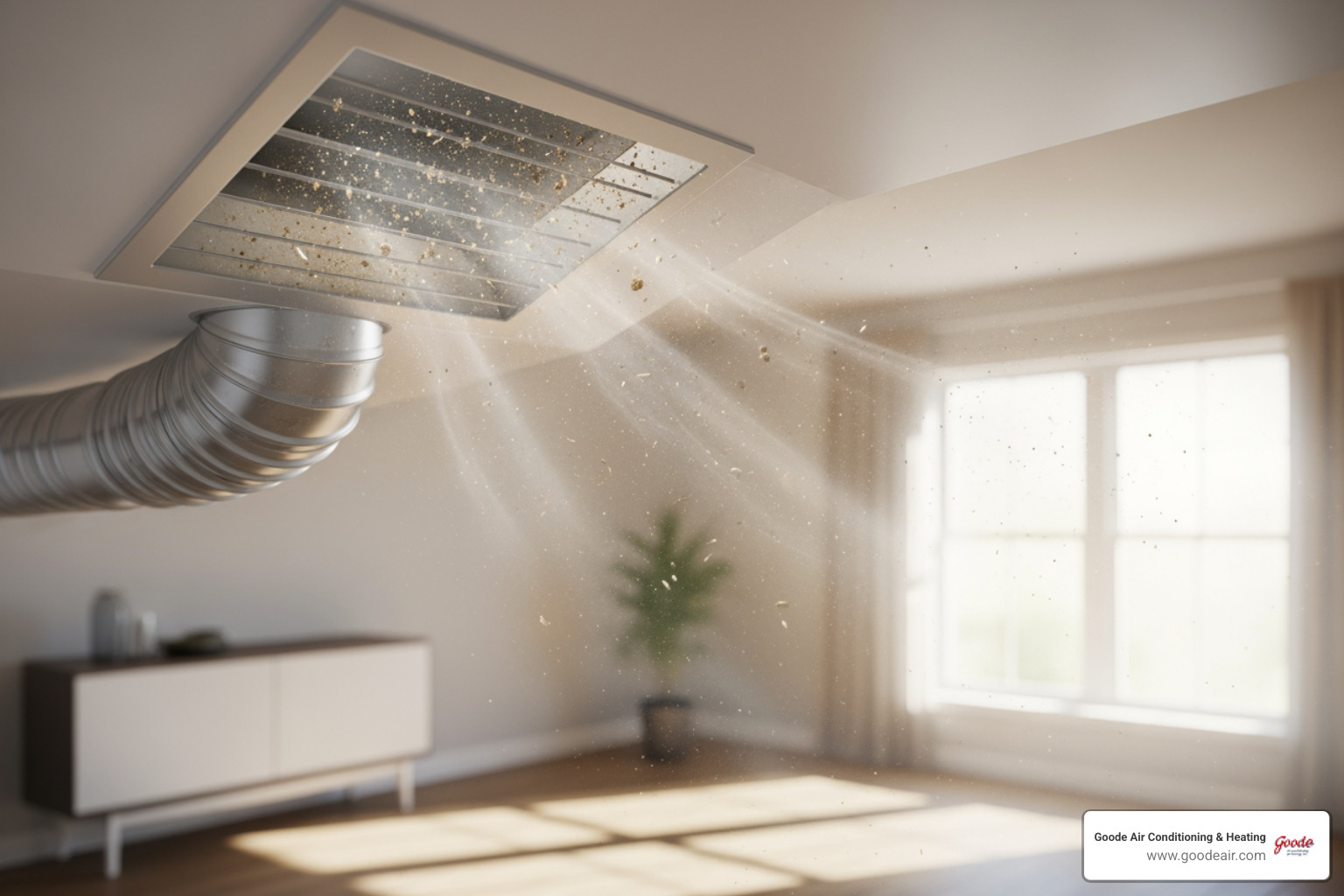 infographic showing how dust, pollen, pet dander, and mold spores circulate through HVAC ducts and into living spaces, with arrows indicating airflow and highlighting contamination buildup in ductwork - air duct cleaning near me in kingwood, tx