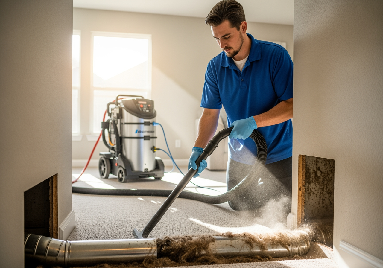 Infographic showing how dust, pollen, pet dander, mold spores, and bacteria accumulate in ductwork over time and circulate through a home's HVAC system, with arrows indicating airflow patterns and buildup locations in supply and return ducts - duct cleaning in kingwood tx