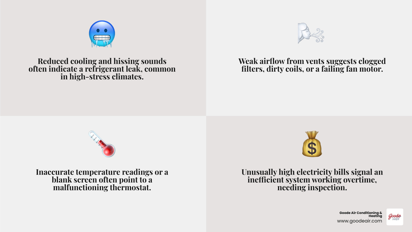 infographic showing common AC problems in hot humid climates including refrigerant leaks weak airflow thermostat issues and high energy bills with repair timelines - ac repair kingwood tx infographic 4_facts_emoji_grey infographic showing common AC problems in hot humid climates including refrigerant leaks weak airflow thermostat issues and high energy bills with repair timelines - ac repair kingwood tx infographic 4_facts_emoji_grey