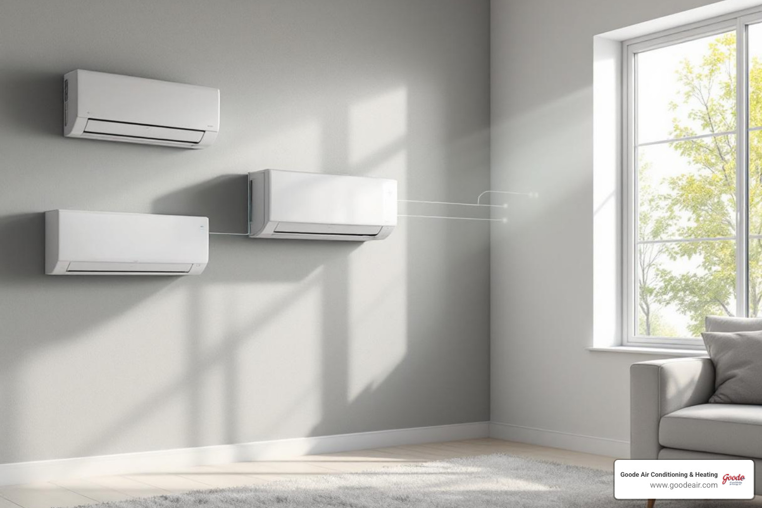 infographic showing how a ductless mini-split system works with labeled outdoor compressor unit connected via refrigerant lines to indoor air handler units mounted in different rooms, illustrating the flow of cool air and heat transfer process - best ductless air conditioner in valley ranch, tx