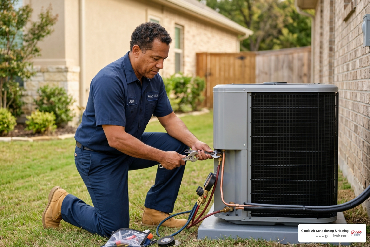 certified HVAC technician in a professional uniform installing a new heat pump unit - heat pump replacement kingwood tx certified HVAC technician in a professional uniform installing a new heat pump unit - heat pump replacement kingwood tx