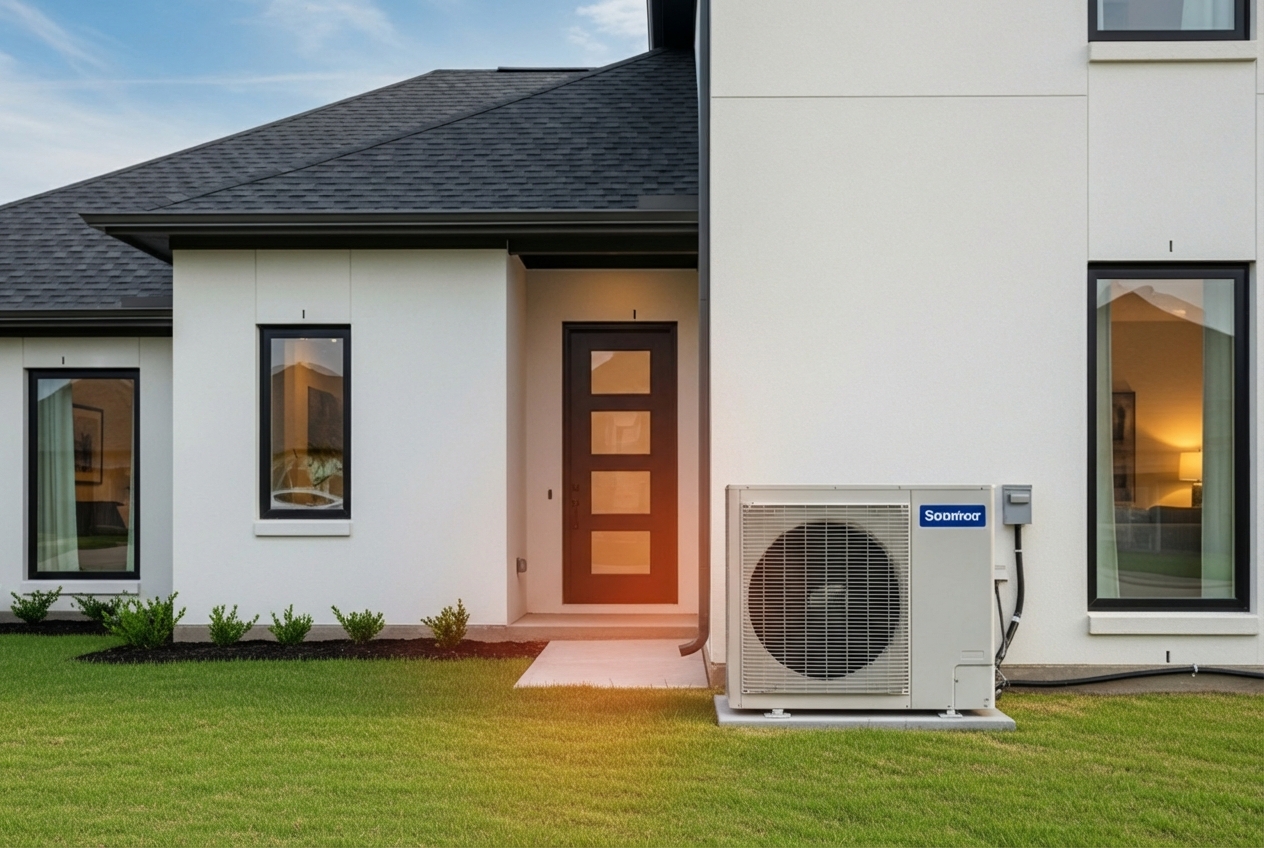infographic showing heat pump operation cycle with arrows indicating heat transfer in cooling and heating modes, outdoor and indoor units, and seasonal efficiency benefits for Humble TX climate - heat pump installation humble tx