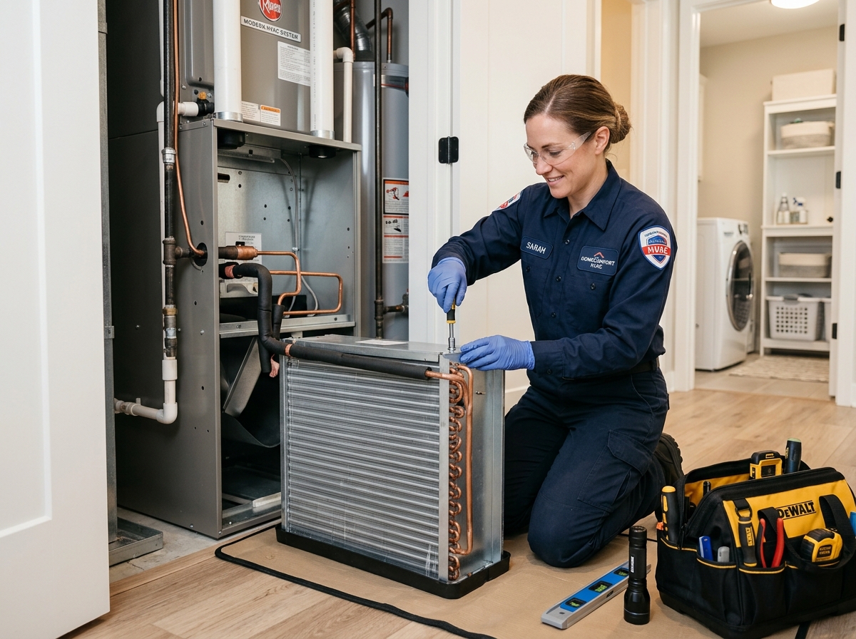 A professional HVAC technician in a clean uniform carefully installing a new indoor evaporator coil - best ac replacement in A professional HVAC technician in a clean uniform carefully installing a new indoor evaporator coil - best ac replacement in