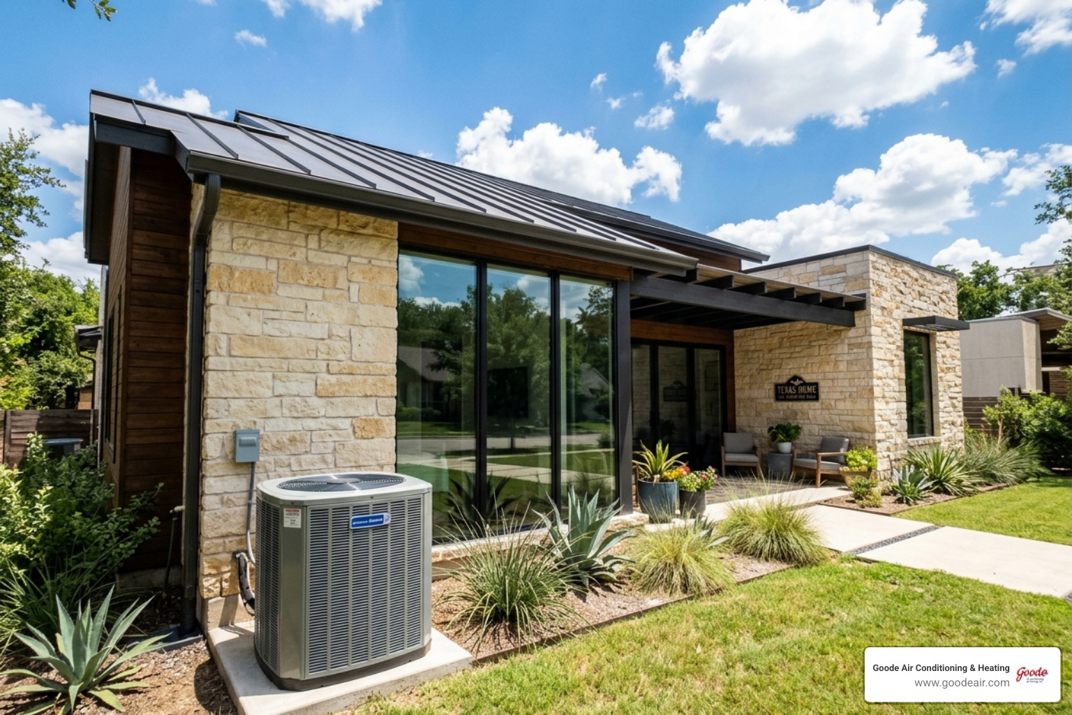 AC unit cooling a modern Texas home in summer heat - how often should you service your ac in texas