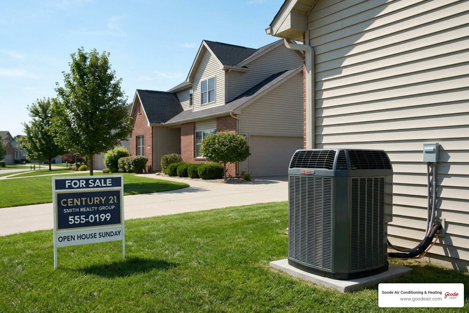 modern high-efficiency HVAC outdoor unit next to a home with a for sale sign - how hvac condition affects home appraisals
