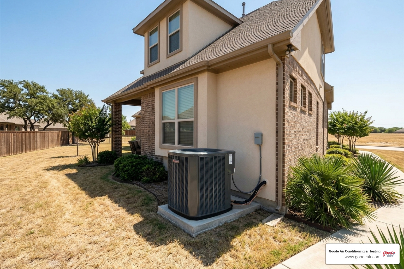 modern central air conditioning unit outside a Texas home in summer heat - how to extend the life of your ac in texas