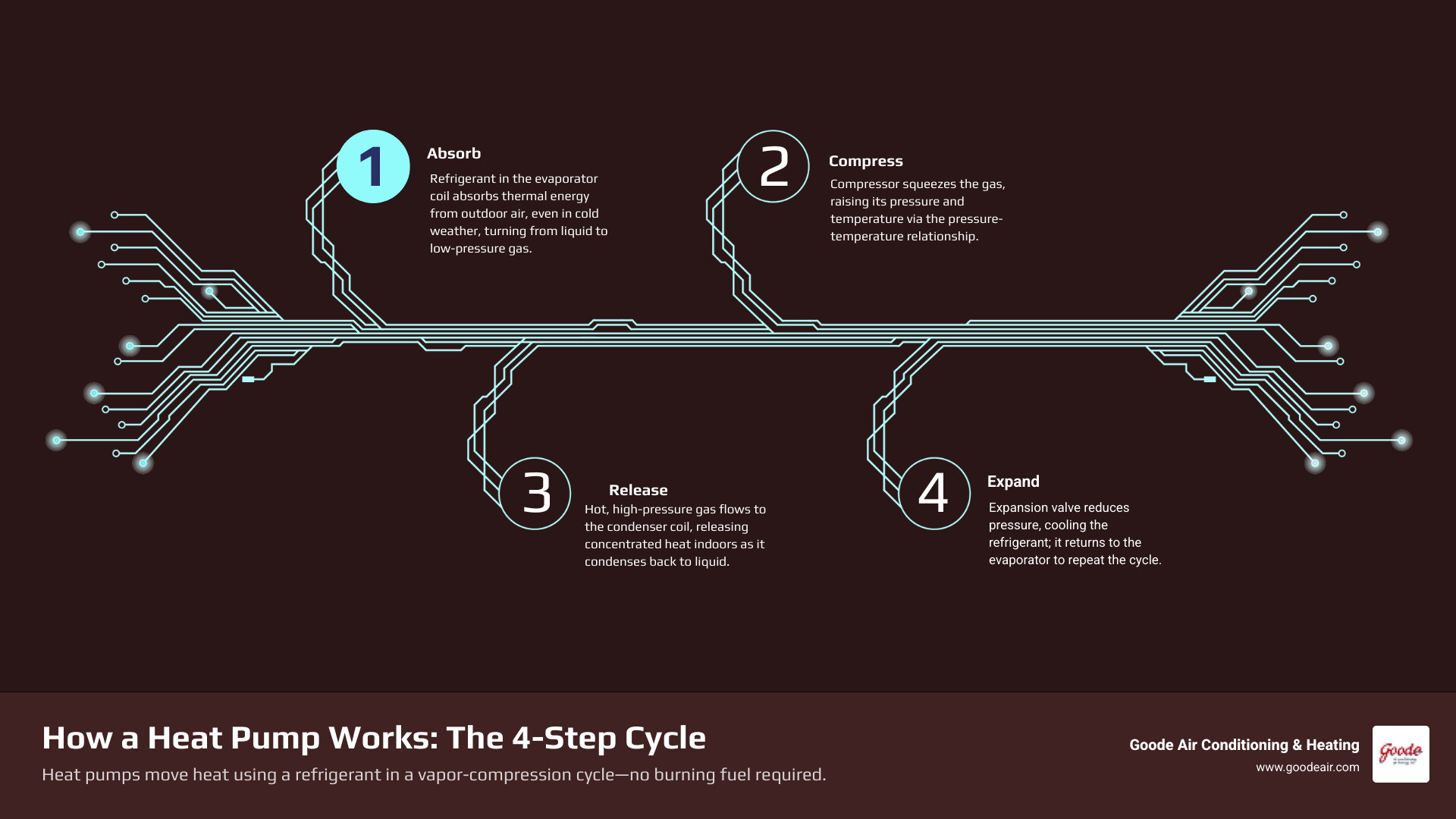 Infographic showing the four-stage heat pump refrigerant cycle: absorb, compress, release, expand - how does a heat pump
